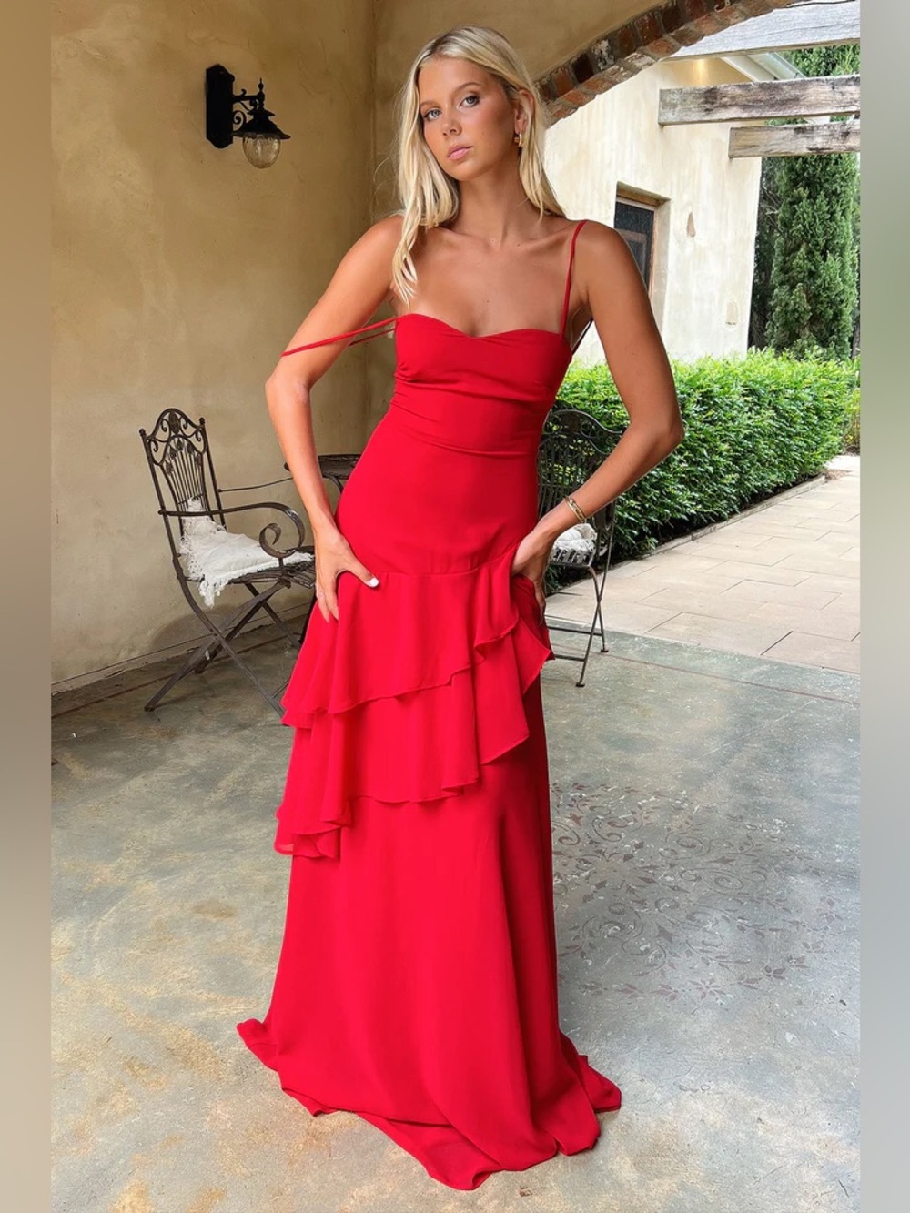 NWT Anais Tiered Ruffle Maxi Dress Red Size 0 Formal Wedding Guest